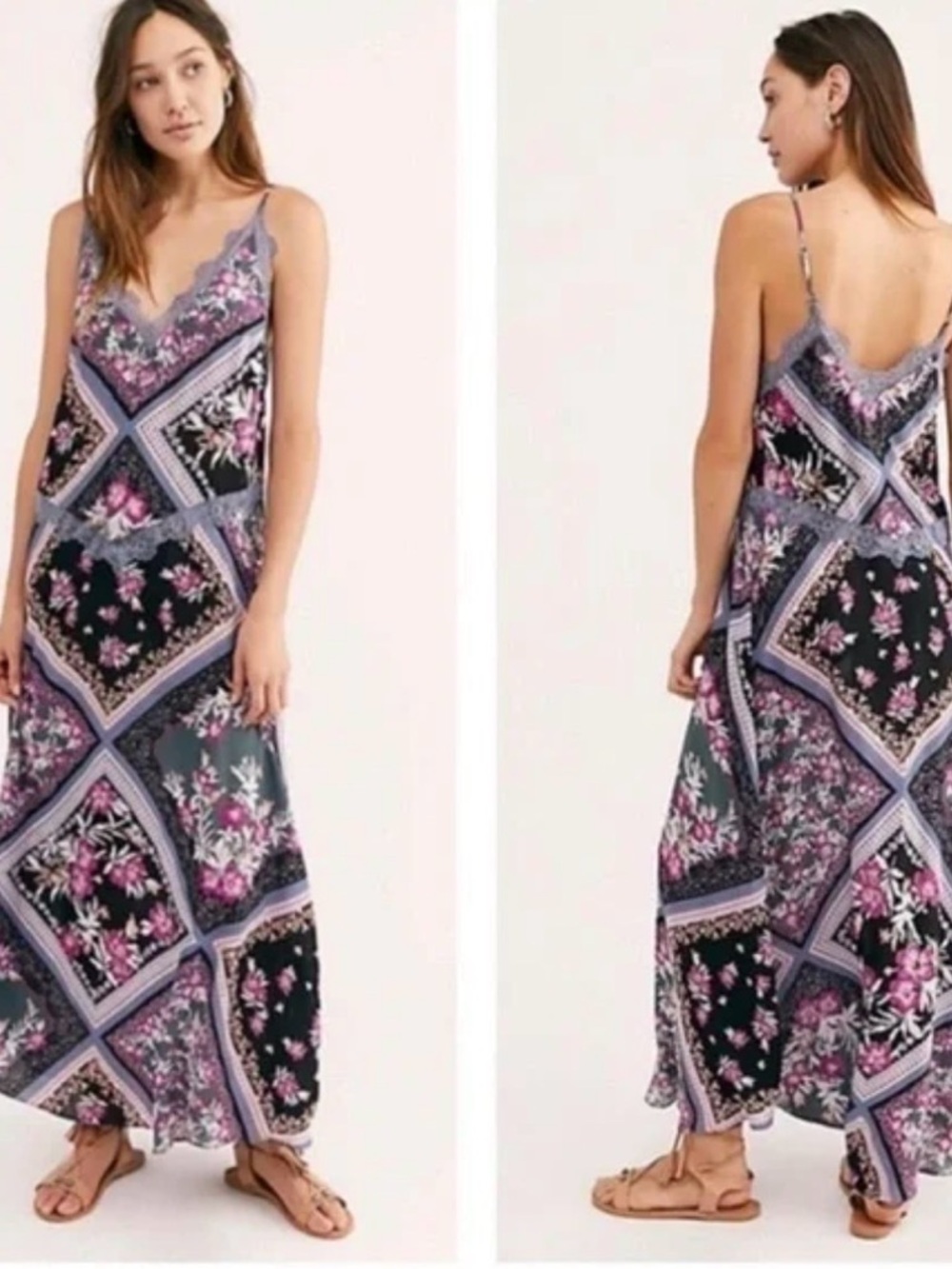 Free People Black & Lavender Floral Patchwork Slip Maxi Dress